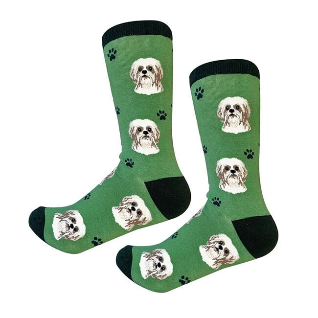 E&S Pets Unisex Novelty Crew Socks - Tan Shih Tzu image number null
