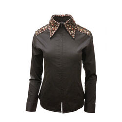 RHC Equestrian Women's Jeweled Collar and Shoulders Zip-Up Show Shirt - Black