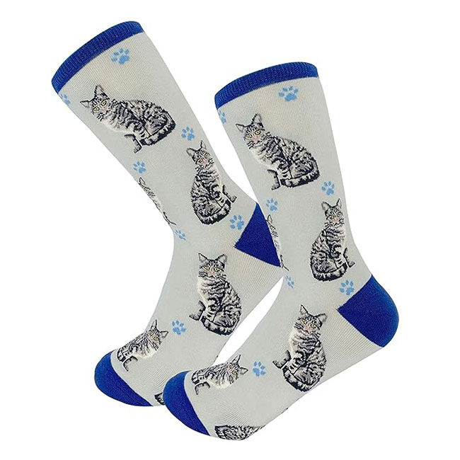 E&S Pets Unisex Novelty Crew Socks - Silver Tabby Cat image number null