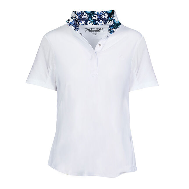 Ovation Kids' Ellie Tech Short Sleeve Show Shirt - White/Blue Whimsical Horses image number null