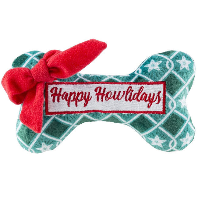 Haute Diggity Dog Happy Howlidays Plush Dog Bone Toy - Mocha Green Stars - Closeout image number null