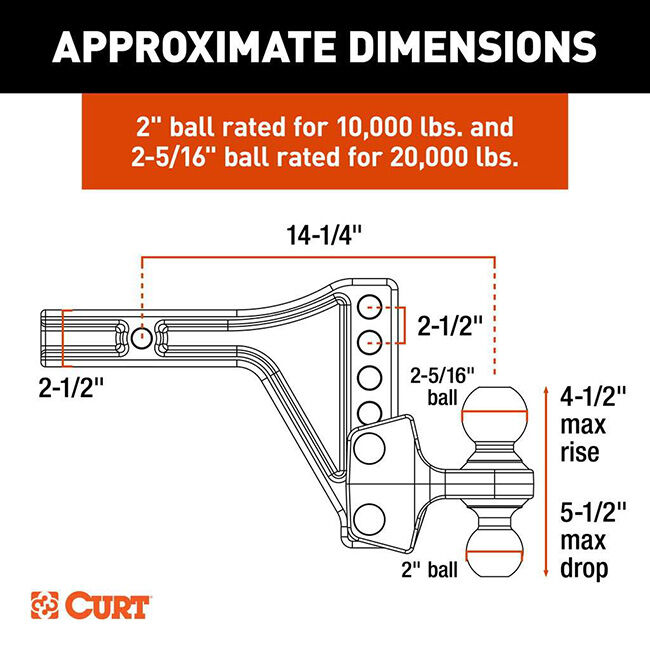 CURT HD Adjustable Trailer Hitch Ball Mount with Dual Ball - 2-1/2" Shank image number null