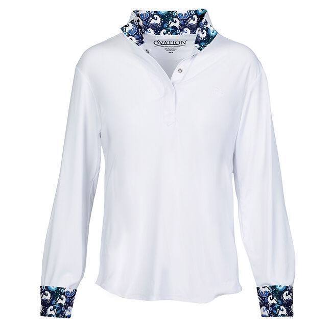 Ovation Kids' Ellie Tech Long Sleeve Show Shirt - White/Blue Whimsical Horses image number null