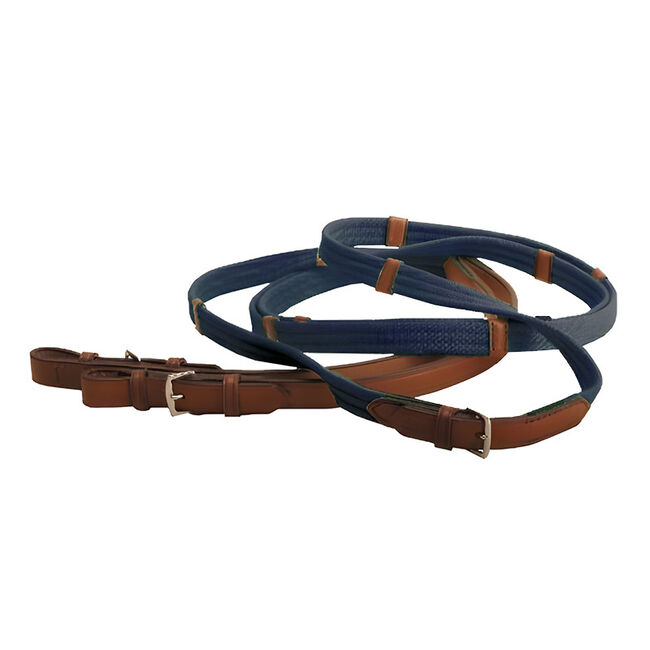 Tory Leather 3/4" x 60" Bridle Leather & Cotton Web Reins with Leather Hand Stops, Stainless Steel Center and Bit End Buckles image number null