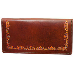 Western Express Leather Checkbook Wallet with Filigree Tooling - Antiqued Brown Leather