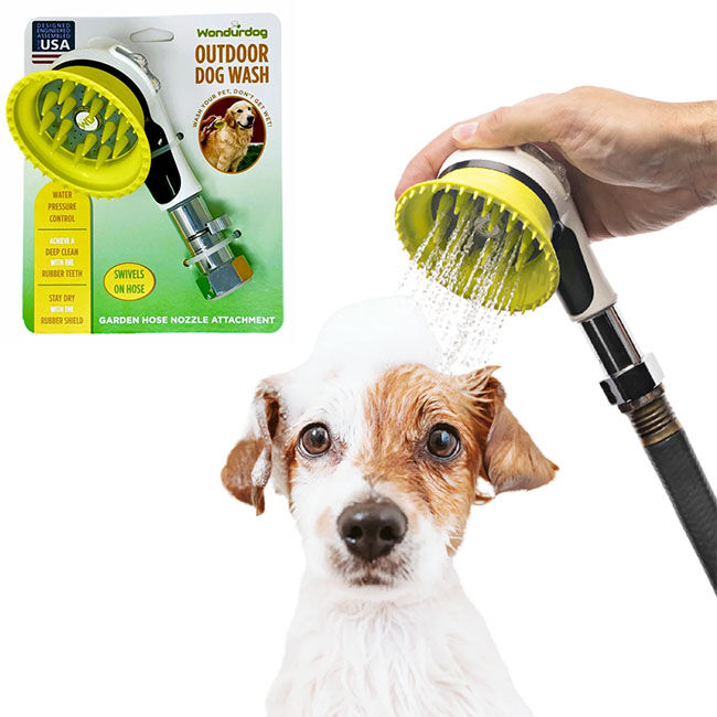 Wondurdog Outdoor Dog Wash - Garden Hose Nozzle Attachment with Splash Shield Brush image number null