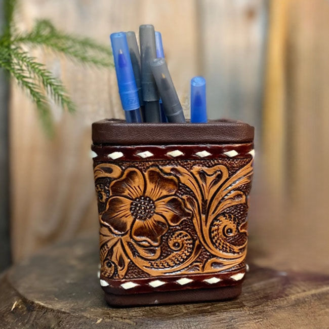 Western Linens Tooled Leather Pencil Holder - Brown image number null