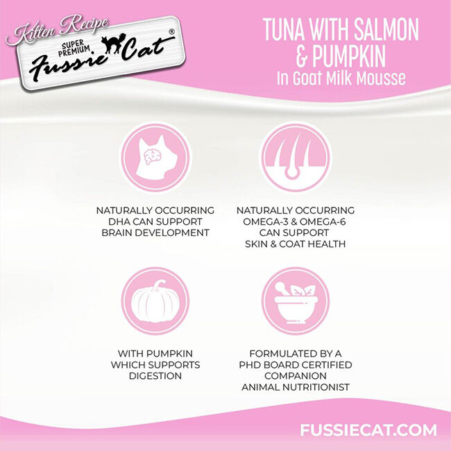 Fussie Cat Goat Milk Mousse for Kittens - Tuna & Salmon Shreds with Pumpkin - 1.5 oz image number null