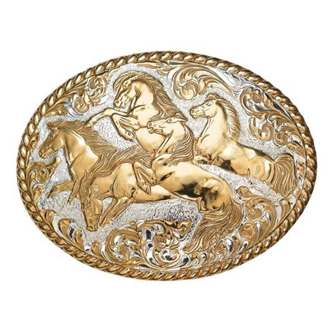 Crumrine Western Belt Buckle Adult Wild Horses Oval Gold Silver The