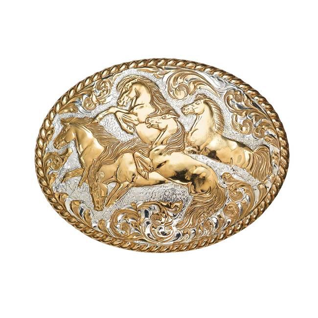 Crumrine Western Belt Buckle Adult Wild Horses Oval Gold Silver image number null