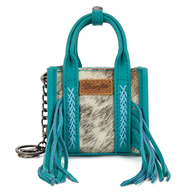 Wrangler Cowhide Mini Fringe Tote Keychain Bag - Turquoise image number null