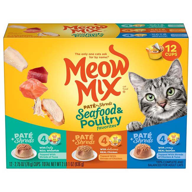 Meow Mix Pate & Shreds Cat Food - Seafood & Poultry Favorites Variety Pack - 12 Count Carton image number null
