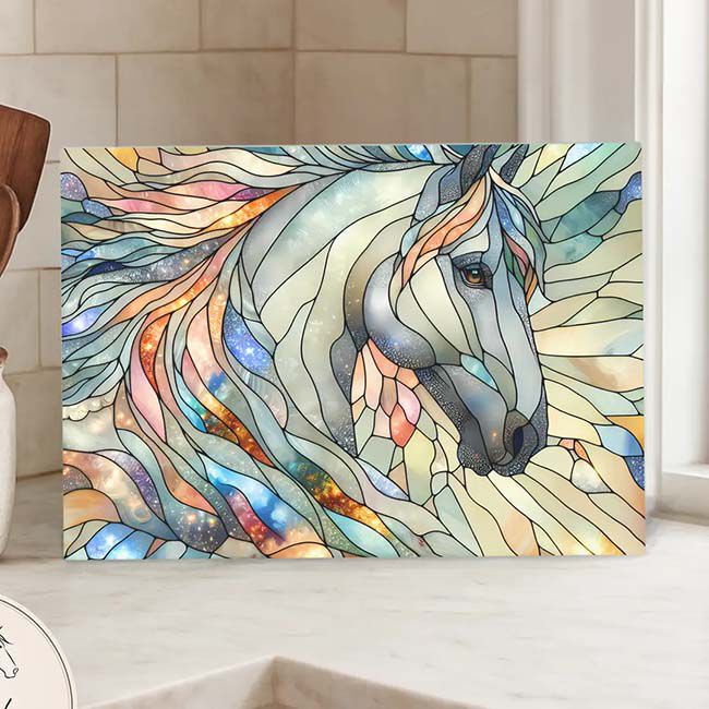 Dark Horse Dream Designs Glass Cutting Board - White Horse Mosaic image number null