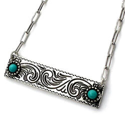 Wyo-Horse Western Etched Turquoise Bar Necklace - Silver