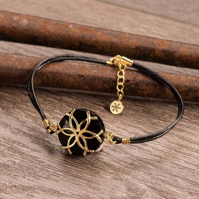 Urban Equestrian Black Onyx & Leather Medallion Horseshoe Bracelet - 14K Gold Vermeil - Closeout image number null