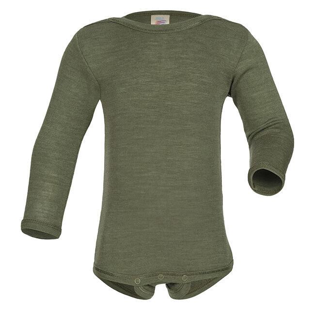 Engel Baby Wool/Silk Blend Long-Sleeve Bodysuit - Olive image number null