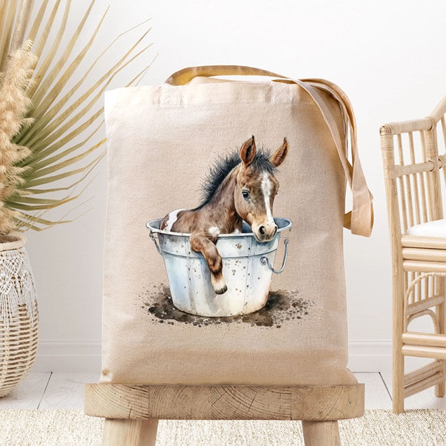 Dark Horse Dream Designs Canvas Tote Bag - Baby Foal Bucket Bath image number null