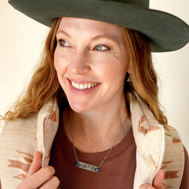 Wyo-Horse Western Etched Turquoise Bar Necklace - Silver image number null