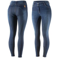Horze Women's Kaia High Waist Denim Silicone Full Seat Breech - Dark Blue