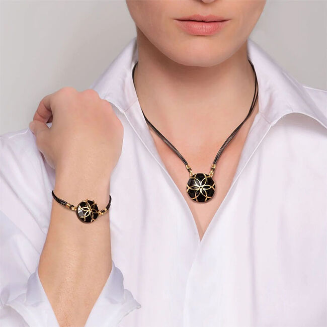 Urban Equestrian Black Onyx & Leather Medallion Horseshoe Bracelet - 14K Gold Vermeil - Closeout image number null