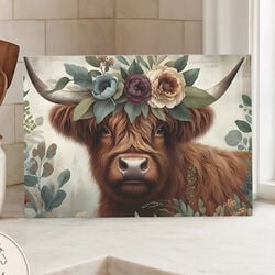Dark Horse Dream Designs Glass Cutting Board - Rustic Bloom Highland Cow