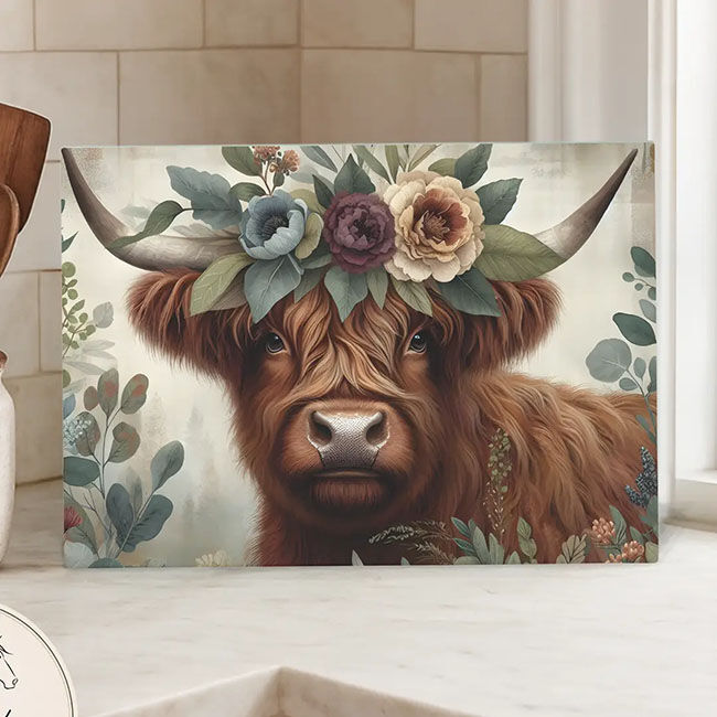 Dark Horse Dream Designs Glass Cutting Board - Rustic Bloom Highland Cow image number null