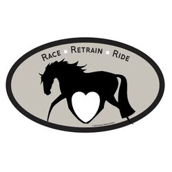 Horse Hollow Press Oval Bumper Sticker - "Race, Retrain, Ride"