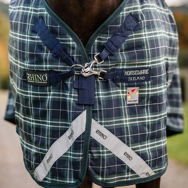 Horseware Rhino Plus Turnout with Vari-Layer (250g Medium) - Hunter Check/Green/Navy image number null