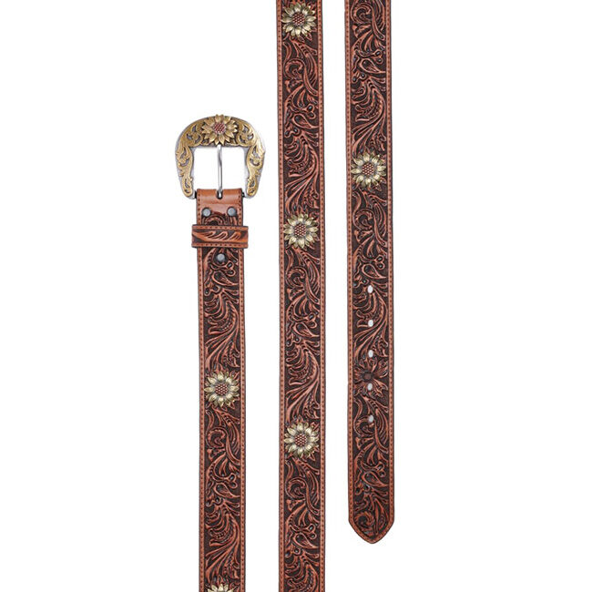 Ariat Women's Floral Tooled Western Belt with Sunflower Concho image number null