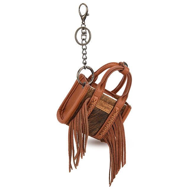 Wrangler Cowhide Mini Fringe Tote Keychain Bag - Brown image number null